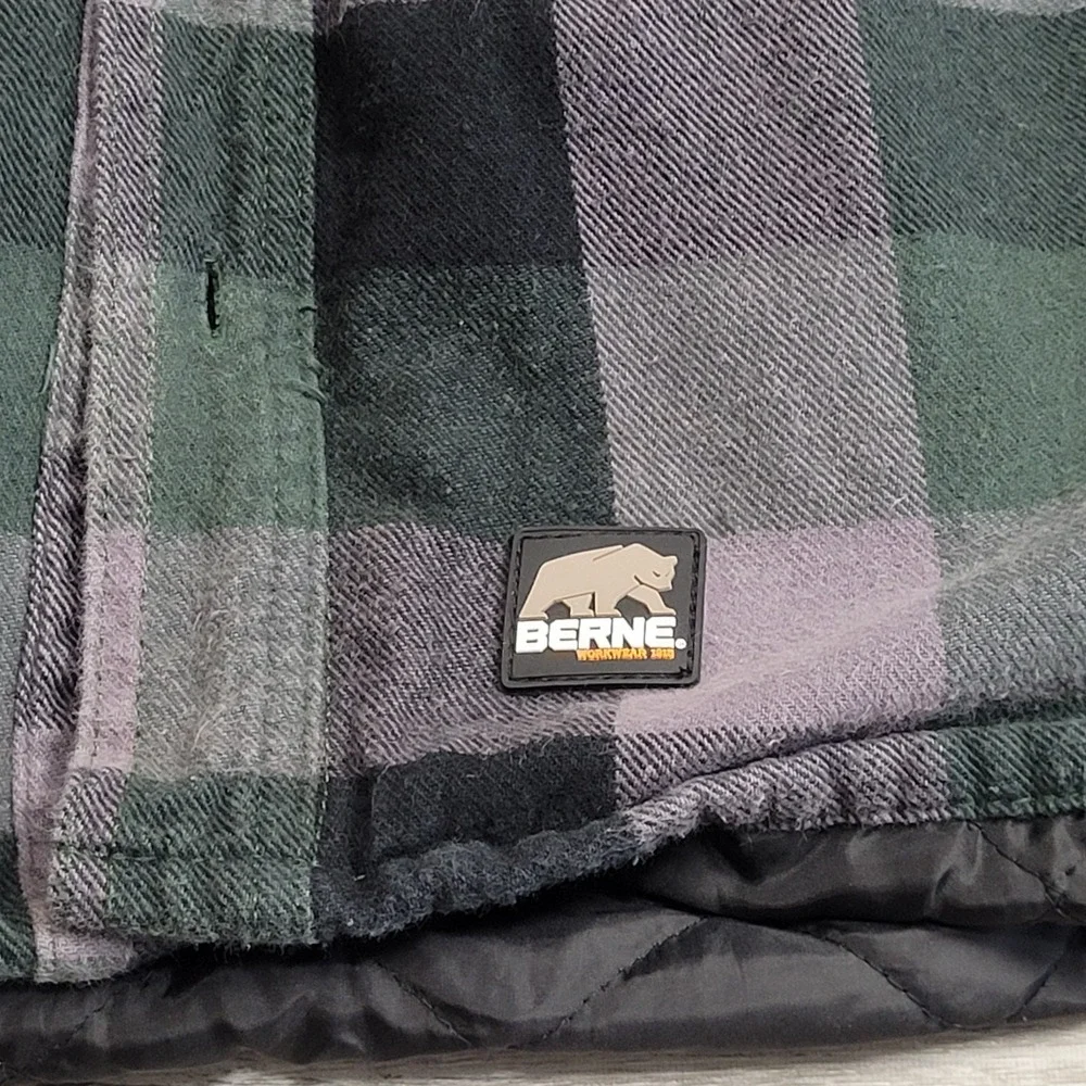 Berne Flannel Shirt Jacket Mens XL Tall Green Plaid Quilted Lining Insulated